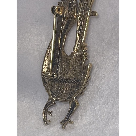 Vintage AMBASSADOR- Gold Tone Roadrunner Bird Green Gem Eye Brooch Pin- 2.5” - Picture 5 of 6